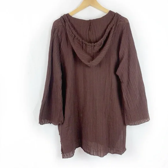 Dotti Brown Boho Gauzy Cotton Hooded Tunic Top Lagenlook - Picture 5 of 6
